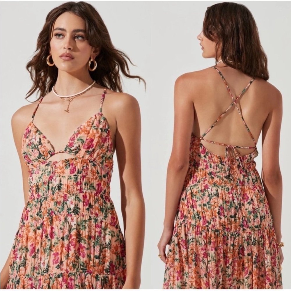 ASTR tropics plunge neck open back maxi dress in peach fuchsia floral